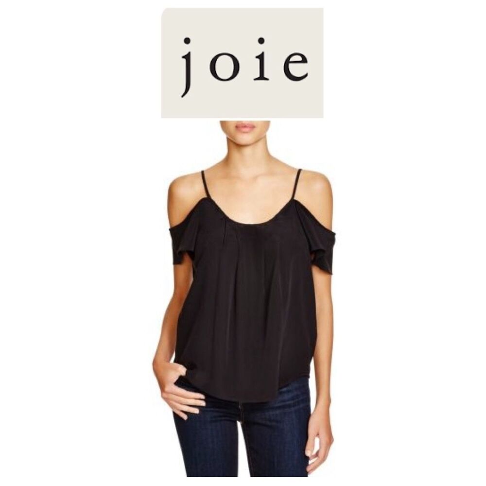 NWT SZ L Joie 'Adorlee' Black Silk Cold-Shoulder Top Flutter Sleeves & Pleating